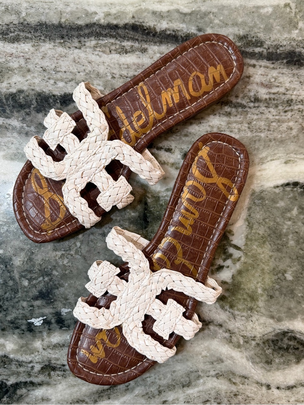 Sam Edelman Cream Braided Slide Flat Sandals with Brown Croc-Effect Footbed 8.5